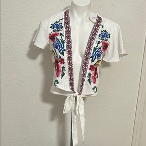 SHEIN White Blouse with Colorful Embroidery and Tie-Front